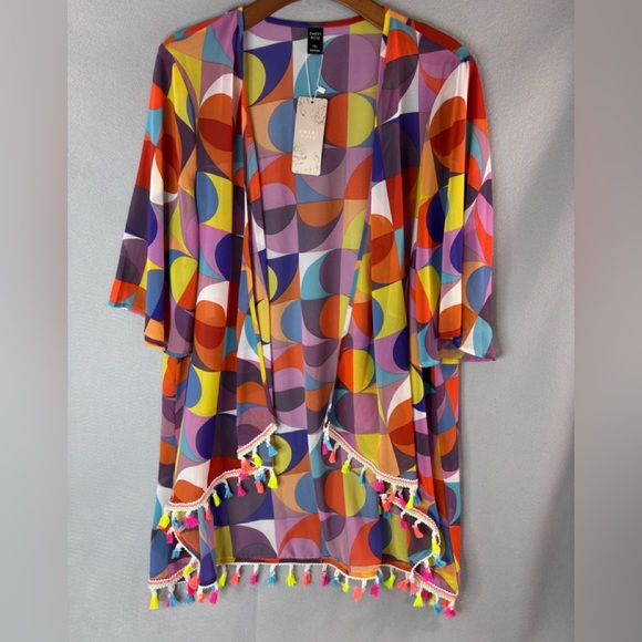 Emery Rose 1X Swim Coverup Colorful Geometric Kimono with Tassels - Picture 9 of 9